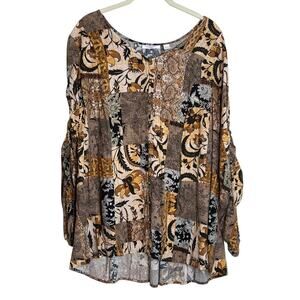 Passport by Susan Graver Womens Blouse XL Brown Gold Patchwork Ruched Sleeves